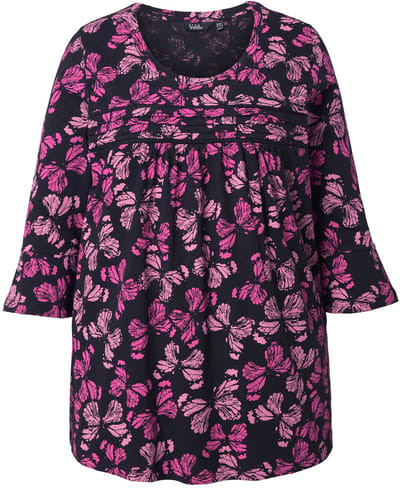 Ulla Popken - Dames - Shirt bloemen A-lijn V-hals 3/4-mouwen - Zomerbes - Maat 46+