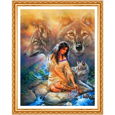 Volledige Ronde Boor 5D DIY Diamantschilderij  Indiaanse Vrouw Wolf  3D Borduurwerk Kruissteek Huisdecoratie 20X30CM white