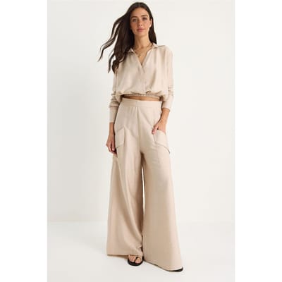 Hoge Taille V-hals Crop Sweatshirt en Wijde Pantalon Set
