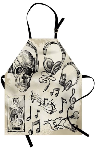 ABAKUHAUS muziek kookschort, vage achtergrond hippie-schedel met koptelefoon-platenspeler, microfoon- en luidsprekerprint, kleurvast, in hoogte verstelbaar, wasbaar, heldere digitale druk, beige/zwart