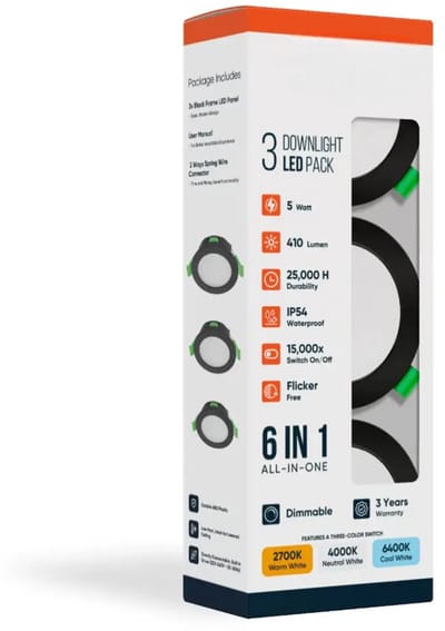 LDS - LED inbouwlamp - 5W - Aanpasbare Kleur CCT - 2700K/4000K/6400K - 410 Lumen - DIMBAAR - Rond - Mat Zwart - Buiten Diameter 85 mm - Set van 3 inbouwlamp - IP54 - Badkamer - Woonkamer - Keuken