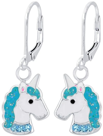 Joy|S - Zilveren eenhoorn bedel oorbellen - unicorn blauw - leverback sluiting