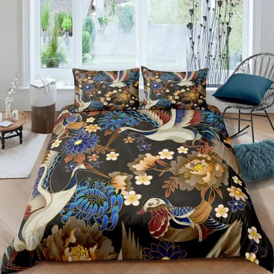 Japanse Kraan Dekbedovertrek King Queen Size Golf Bloem Ukiyo-e Stijl Beddengoedset Oosterse Cultuur 23-delig Polyester Dekbedovertrek EU Single 135x200cm