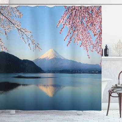 ABAKUHAUS Berg Douchgordijn – Japan Berg en Sakura – 175x240 – Polyester – Meerkleurig