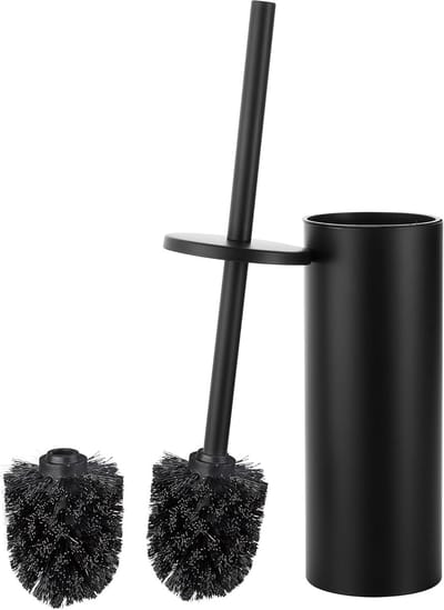 Toiletborstel zwart - matte roestvrijstalen basis - 2 vervangende borstels - hygiënisch reinigen - SnelShoppen