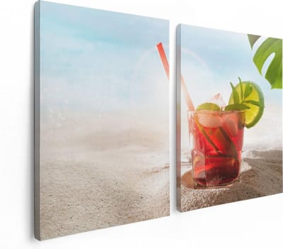 Artaza Canvas Schilderij Tweeluik Cocktail Mix Drankje op het Strand  - 120x80 - Foto Op Canvas - Canvas Print