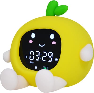 VHV - Slaaptrainer - Kinderwekker - Wekker met nachtlampje - Slaaphulp met white noise - Siliconen - Touch bediening - Voor Cadeaus, kinderen, familie, slaapkamer - Muzieklamp - Huidige status van sinaasappels - Geel