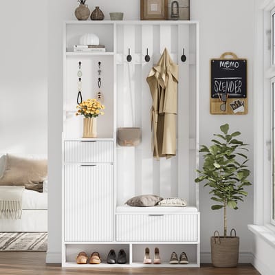 Pugsdrly - 6-in-1 Garderobe - Met Ingebouwde Schoenenbank - 100x30x180 cm - Wit - Opbergvakken en Lades - Met 8 Haken - Kantelbeveiliging