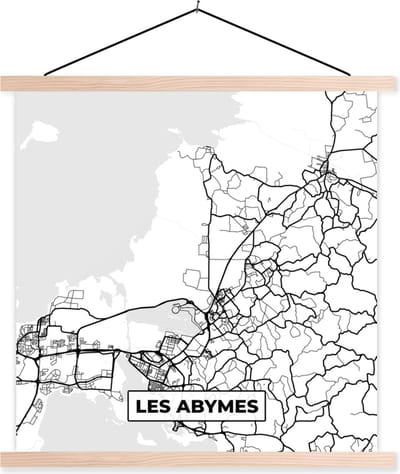 Posterhanger incl. Poster 40x40 cm - Schoolplaat - Kaart - Frankrijk - Stadskaart - Plattegrond - Les Abymes - Zwart wit - Textielposter - Blanke latten - Stadskaart