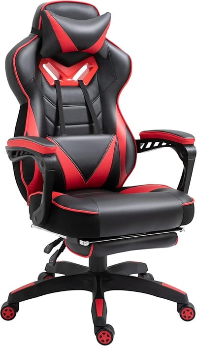 Ergonomische gamingstoel met voetensteun en hoofdsteun - Comfortabele bureaustoel in zwart en rood