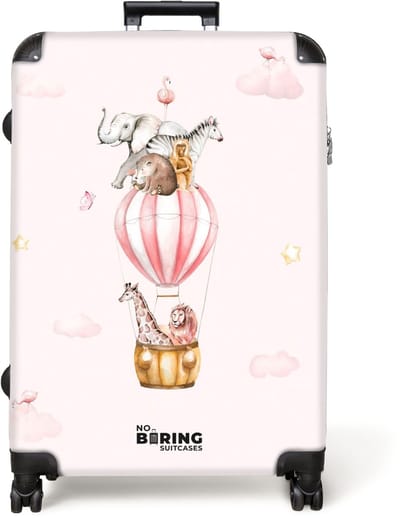 NoBoringSuitcases.com® - Koffer groot - Reiskoffer lichtgewicht - Luchtballon - Dieren - Roze - Meisje - Leeuw - Rolkoffer met 4 wielen - Grote trolley XL - 98 liter bagage