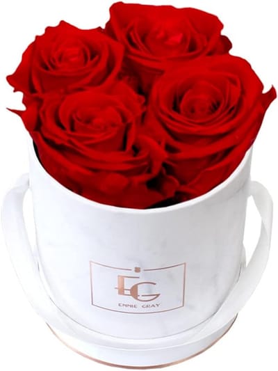 Classic Infinity Rozenbox, rond, XS, marmer, roségoud, 4 Infinity rozen met jarenlange houdbaarheid, echte rozen die tot 3 jaar bloeien, Emmie Gray Flowerbox, geconserveerde rozen (Vibrant Red)