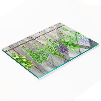 Decoratieve glazen snij- en serveerplank met kruidenkoord 80x52 cm