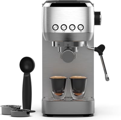 Halfautomatische Espressomachine - 1350W RVS Coffee Machine met Melkopschuimer - Semi-Automatische Snelle opwarming - 20-Bar Italiaanse Pomp - 1.3L Watertank - Kopjesverwarmer