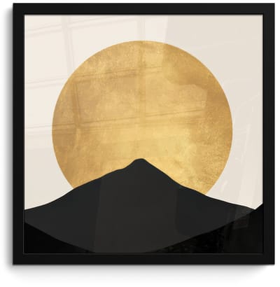 Poster in lijst - Fotolijst 40x40 cm - Posters - Bergsilhouetten - Gouden cirkel - Beige - Posterlijst zwart - Decoratie - Wanddecoratie woonkamer - Muurdecoratie slaapkamer