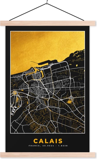 Posterhanger incl. Poster 40x60 cm - Schoolplaat - Kaart – Stadskaart – Calais - Plattegrond – Frankrijk - Textielposter - Blanke latten - Stadskaart