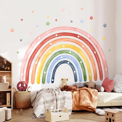 Grote Regenboog Muurstickers met Waterverf Sterren - Verwijderbare Zelfklevende Wanddecoratie voor Kinderkamers en Schoolruimtes