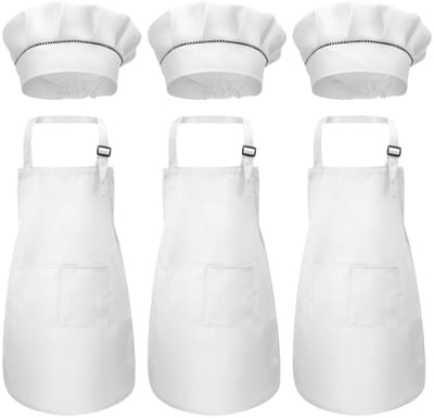 Dailygoods- Kookschorten Set van 3 - Verstelbaar - Kinderschort met Mouwen - Kookmuts - Duurzaam Polyester - 2 Zakken - Geschikt voor 6-13 Jaar