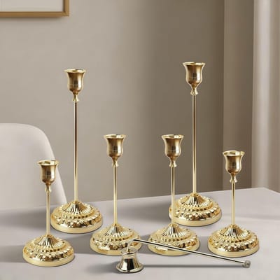 Gouden Metalen Kaarsenhouders - Kandelaars Set - Tafeldecoratie - Verzwaarde Antislip Basis - Set van 6 - Goud