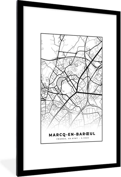 Fotolijst incl. Poster Zwart Wit- Kaart – Stadskaart – Marcq-en-Barœul - Frankrijk – Plattegrond - Zwart wit - 80x120 cm - Posterlijst