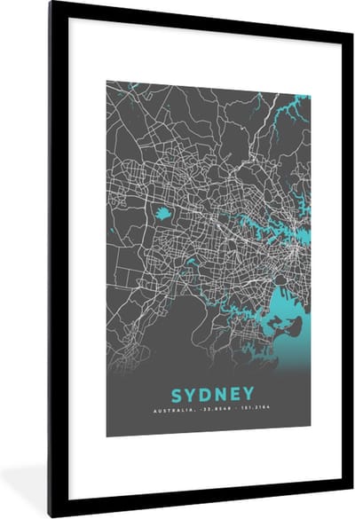 Fotolijst incl. Poster - Sydney - Stadskaart - Plattegrond - Blauw - Kaart - 80x120 cm - Posterlijst