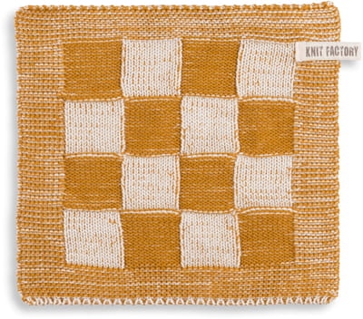 Knit Factory Gebreide Pannenlap Block - Pannenlappen gemaakt van 50% katoen & 50% acryl - Blokken motief - Traditionele look - 1 stuk - Ecru/Oker - Geel - 23x23 cm
