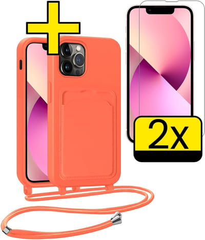 Hoesje Geschikt voor iPhone 13 Pro Telefoonhoesje Met Koord Case Pashouder Met 2x Screenprotector Siliconen - Hoes Geschikt voor iPhone 13 Pro Hoesje Met Kaarthouder - Papaya