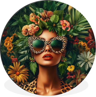WallCircle - Wandcirkel - Muurcirkel - Vrouw - Panterprint - Jungle - Natuur - Luxe - Aluminium - Dibond - 30x30 cm - Binnen en Buiten