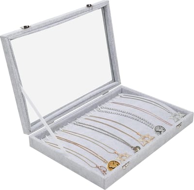 Grey Velour Necklace Jewelry Organiser Storage Display Cabinet Box Tray with 20 Hooks and Lockable Glass Lid – Stackable Bin for Drawer – For Necklaces, Bracelets, Earrings
