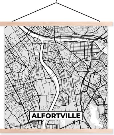 Posterhanger incl. Poster 40x40 cm - Schoolplaat - Plattegrond - Alfortville - Stadskaart - Kaart - Frankrijk - Textielposter - Blanke latten - Stadskaart