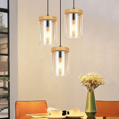NETTLIFE Hanglamp Hout - 3-Lichts - rond - E27 Fitting - Glas en Hout - Vintage - Retro Keukenlamp Hangend - voor Eetkamer | Eettafel | Woonkamer | Slaapkamer