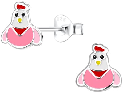 Joy|S - Zilveren kip oorbellen - 7 mm - roze wit rood - kinderoorbellen - pasen