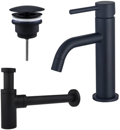 FugaFlow Eccelente Sobrado Badkamer Slim Wastafelkraanset - lage wastafelkraan - always open plug - design sifon - Mat zwart