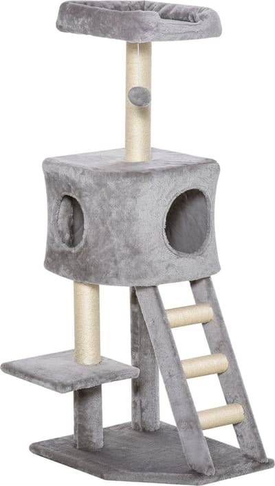 PawHut Krabpaal kattenboom met kattengrot trap zacht kussen E1 MDF sisal lichtgrijs D30-349