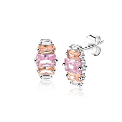 13mm ZINZI zilveren oorstekers baguette geslepen zirconia's wit, en roze ZIO2490