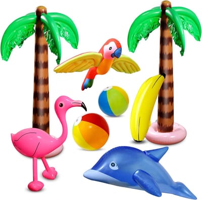 Set van 8 Opblaasbare Palmbomen met Flamingo, Opblaasbare Banaan Strandballen, Vliegende Papegaai en Dolfijn - Voor Hawaii Luau Feestdecoratie op het Strand