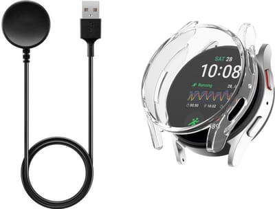 Strap-it Schokbestendig TPU hoesje + Oplader - Geschikt voor de Samsung Galaxy Watch 7 - 44mm (transparant) - Optimale bescherming
