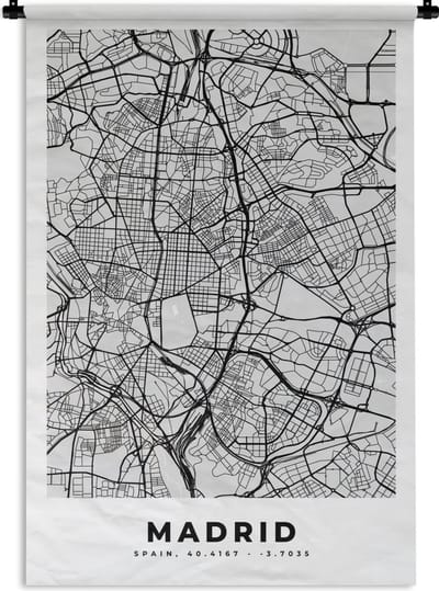 Wandkleed - Wanddoek - Madrid - Zwart Wit - Stadskaart - Plattegrond - Kaart - 120x180 cm - Wandtapijt