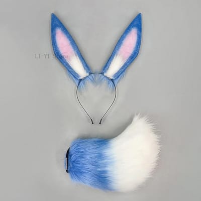 Pluizige Blauwe Konijnenoren Staart Set Pluche Konijn Cosplay Kostuum Accessoires Voor Spel Rolspel Halloween Anime Conventie Feest 1 set gray