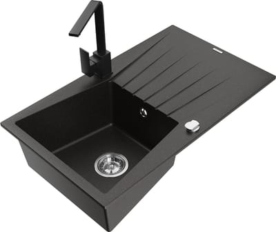 Mexen Cesar granieten spoelbak met 1 kamer en afdruiprek en keukenkraan Rita, zwart/gouden metallic - 6514-75-670300-70