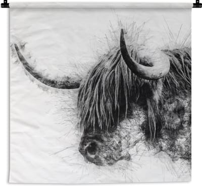 Wandkleed - Wanddoek - Portret Schotse Hooglander - Zwart Wit - 150x150 cm - Wandtapijt