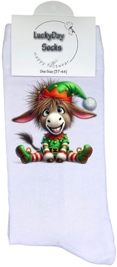 Kerst elfje - Ezel - Grappige sokken - Kerstcadeau - LuckyDay Socks - Kerstsokken - Leuk kerst cadeau - Cadeau tip - Voor hem - Voor haar - Unisex - Maat 37-44