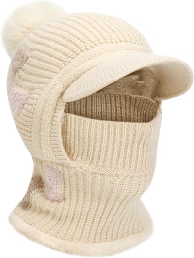 Balaclava Volledige Gezicht Ski Masker voor Dames, Winter Thermisch Gebreid Snood Hoed met Haarbal, Winddicht en Sneeuwbestendig, Ideaal voor Buitenactiviteiten en Koude Weeromstandigheden