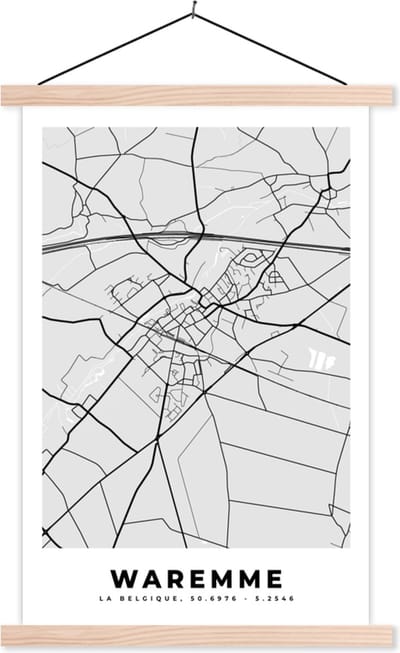 Posterhanger incl. Poster 40x60 cm - Schoolplaat - Stadskaart – Zwart Wit - Kaart – Waremme – België – Plattegrond - Textielposter - Blanke latten - Stadskaart