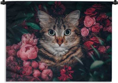 Wandkleed - Wanddoek - Kat - Bloemen - Dieren - Botanisch - 120x90 cm - Wandtapijt