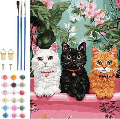 Drie Katten Schilderen op Nummer Kits voor Volwassenen, Eenvoudige Acrylkunst voor Beginners, Creatieve Cadeaus en Thuisdecoratie 30x40cm