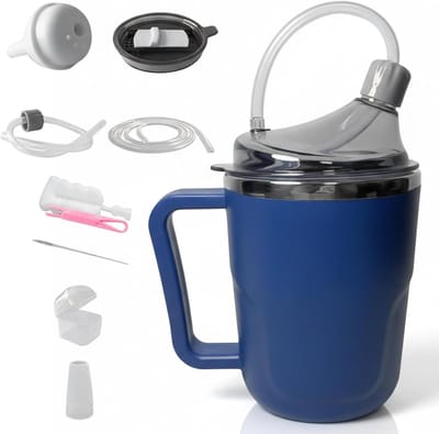 Drinkbeker met rietje - Beker ouderen - Veilig drinken - 3 deksels - 400 ml - Blauw