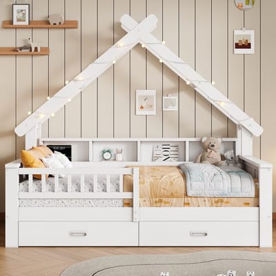 Huisbed voor kinderen 90x200 cm - wit houten huisbed - kinderbed met ledverlichting - met uitvalbeveiliging, planken en 2 laden voor de kinderkamer