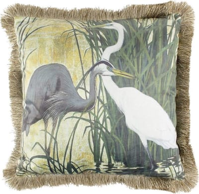 Kussen fluweel blauwe reiger gouden franjes 45x45cm