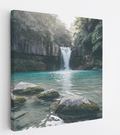 Saammp Canvas Schilderij - waterval in de jungle - Landschap - Natuur - 20x20 - Foto op canvas - Wanddecoratie - Muurdecoratie Woonkamer - Slaapkamer decoratie - Canvas Print